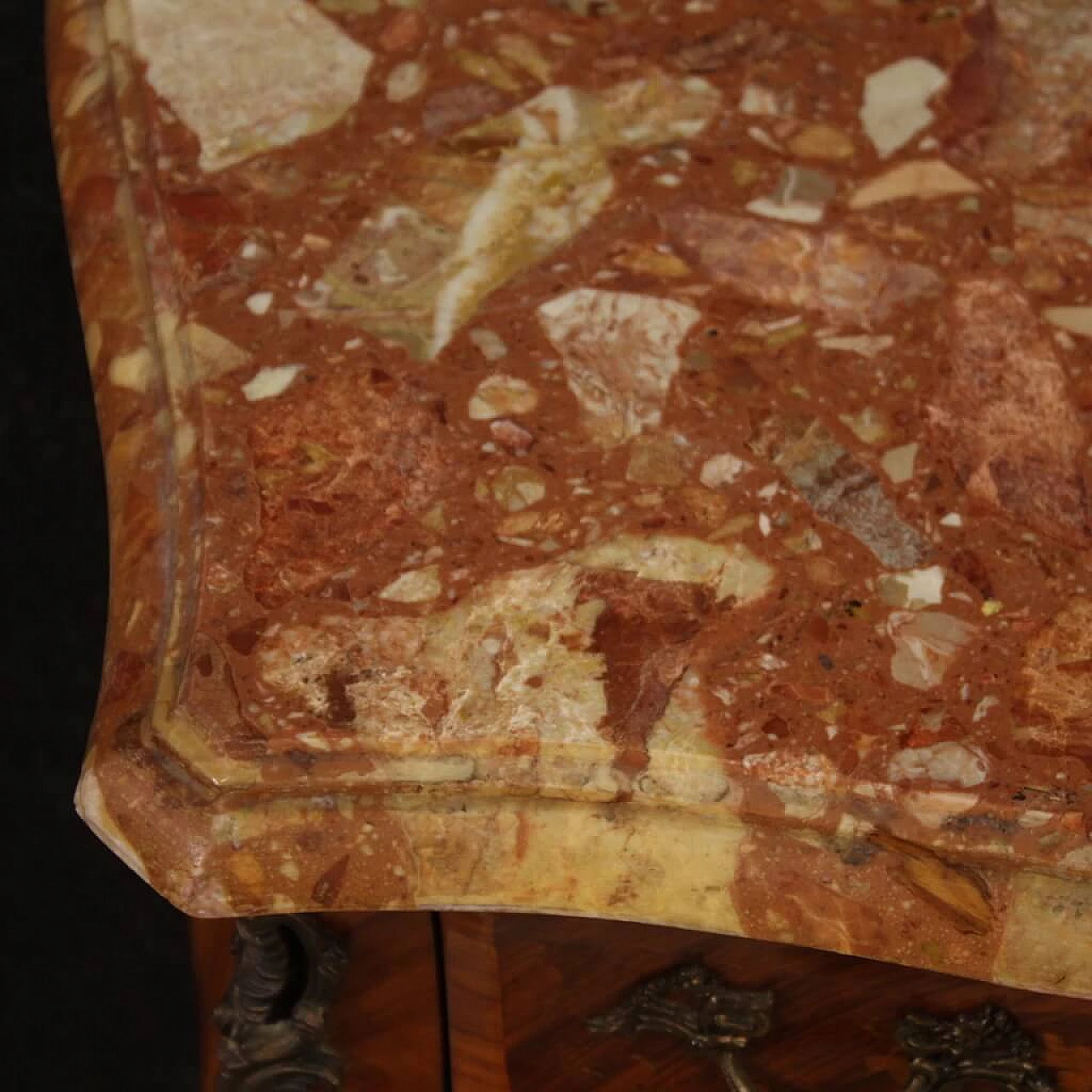 Pair of Louis XV style inlaid wood and marble bedside tables, 1960s 7