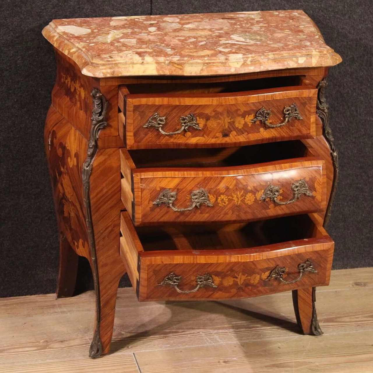Pair of Louis XV style inlaid wood and marble bedside tables, 1960s 8