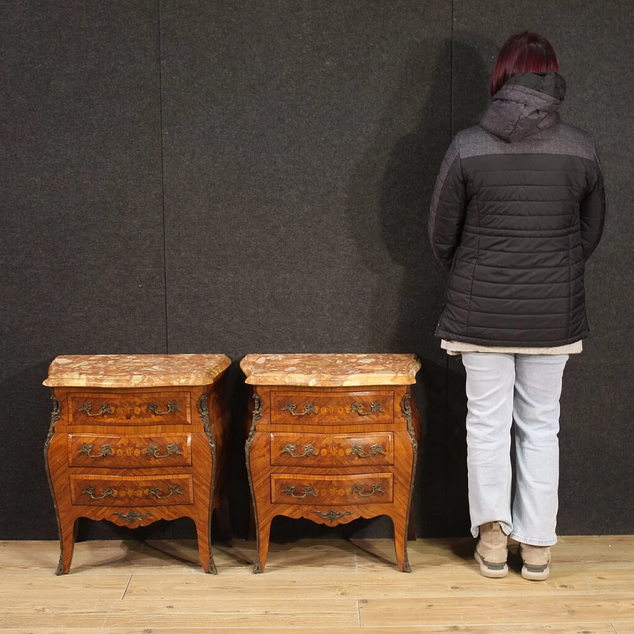 Pair of Louis XV style inlaid wood and marble bedside tables, 1960s 9