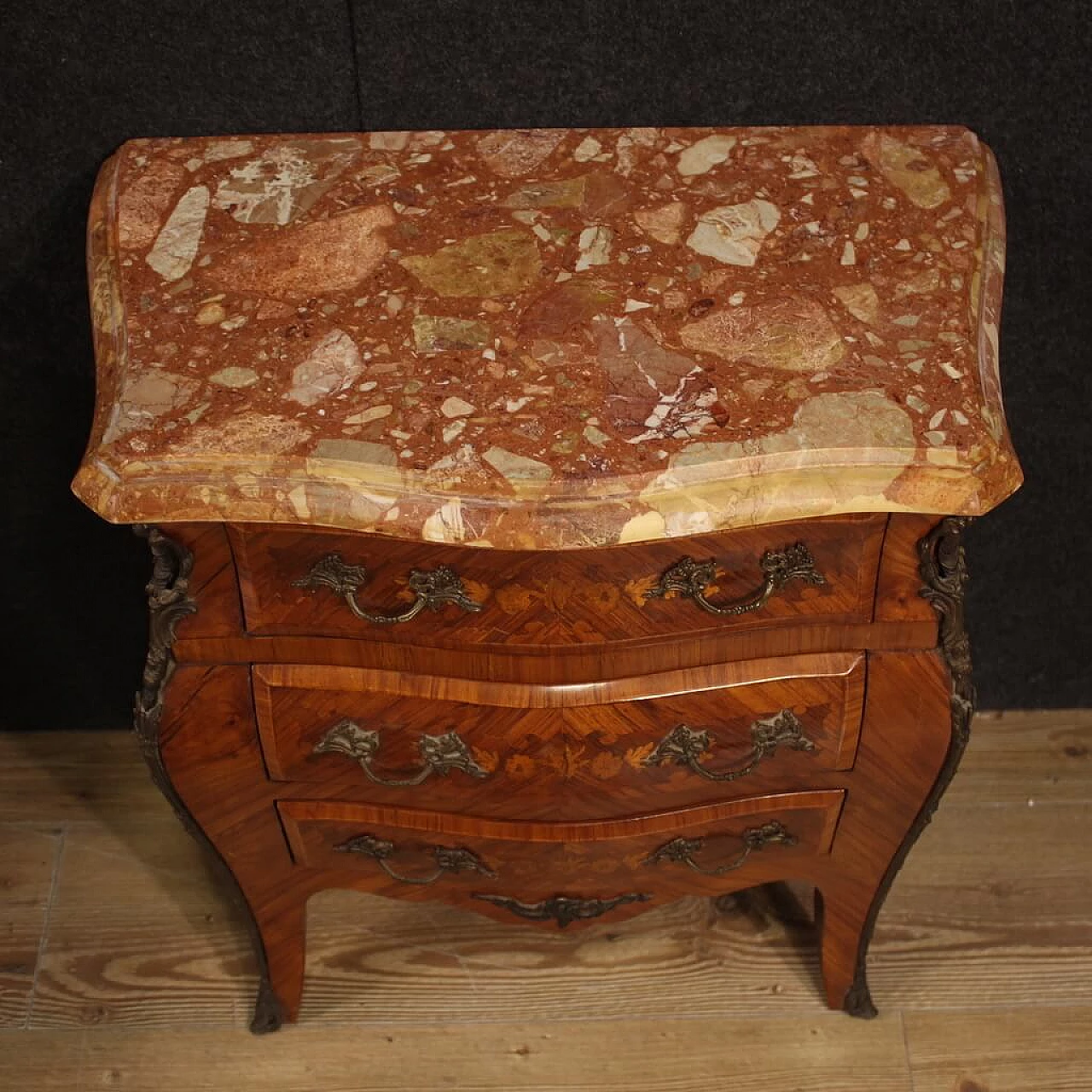 Pair of Louis XV style inlaid wood and marble bedside tables, 1960s 10