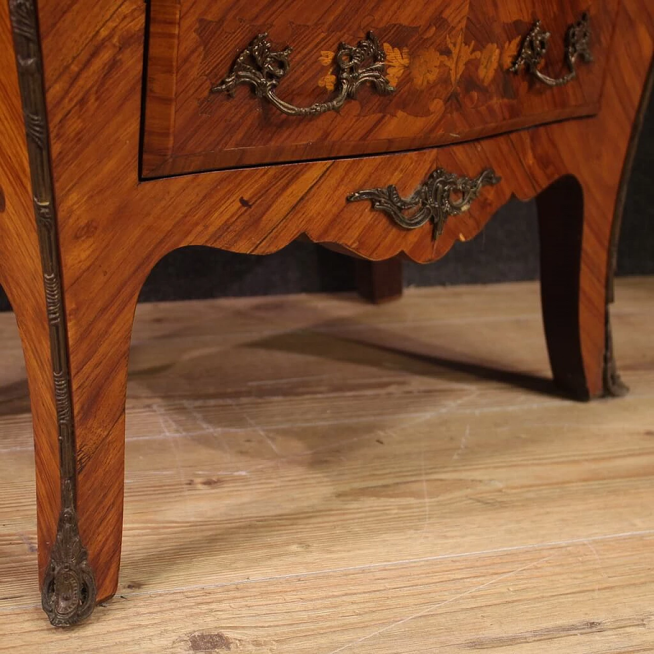 Pair of Louis XV style inlaid wood and marble bedside tables, 1960s 11