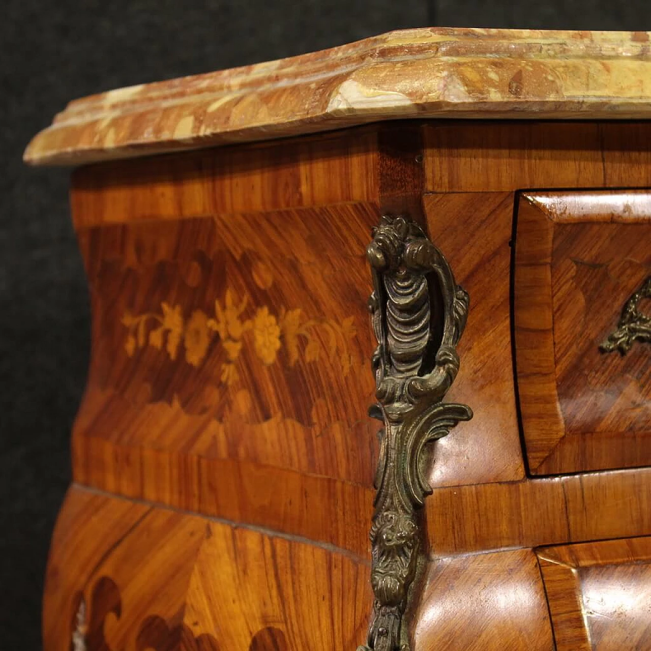 Pair of Louis XV style inlaid wood and marble bedside tables, 1960s 12