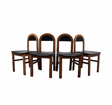 4 Chairs in wood and black eco-leather, 1960s
