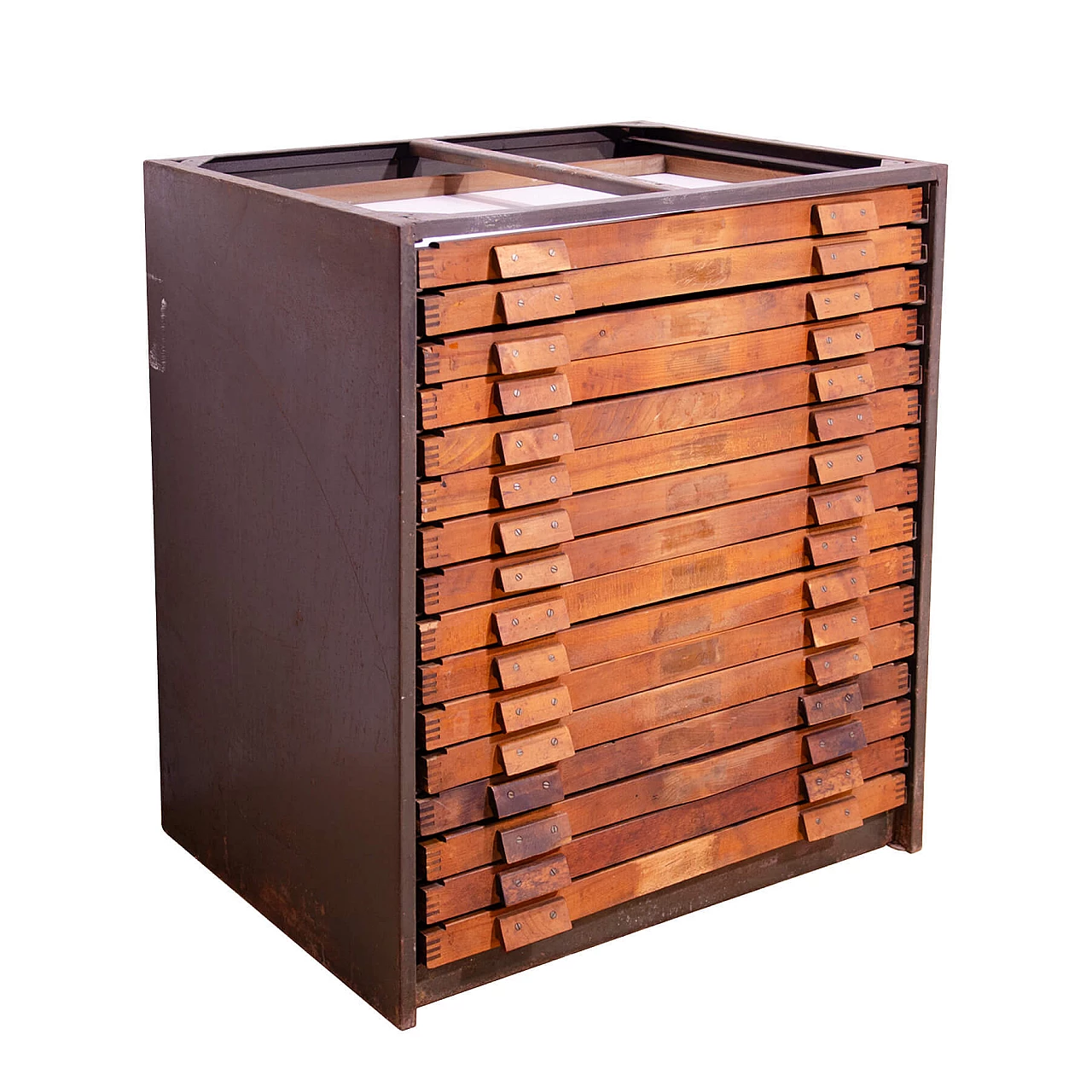 Czechoslovakian wood and iron industrial chest of drawers, 1970s 1