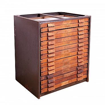 Czechoslovakian wood and iron industrial chest of drawers, 1970s