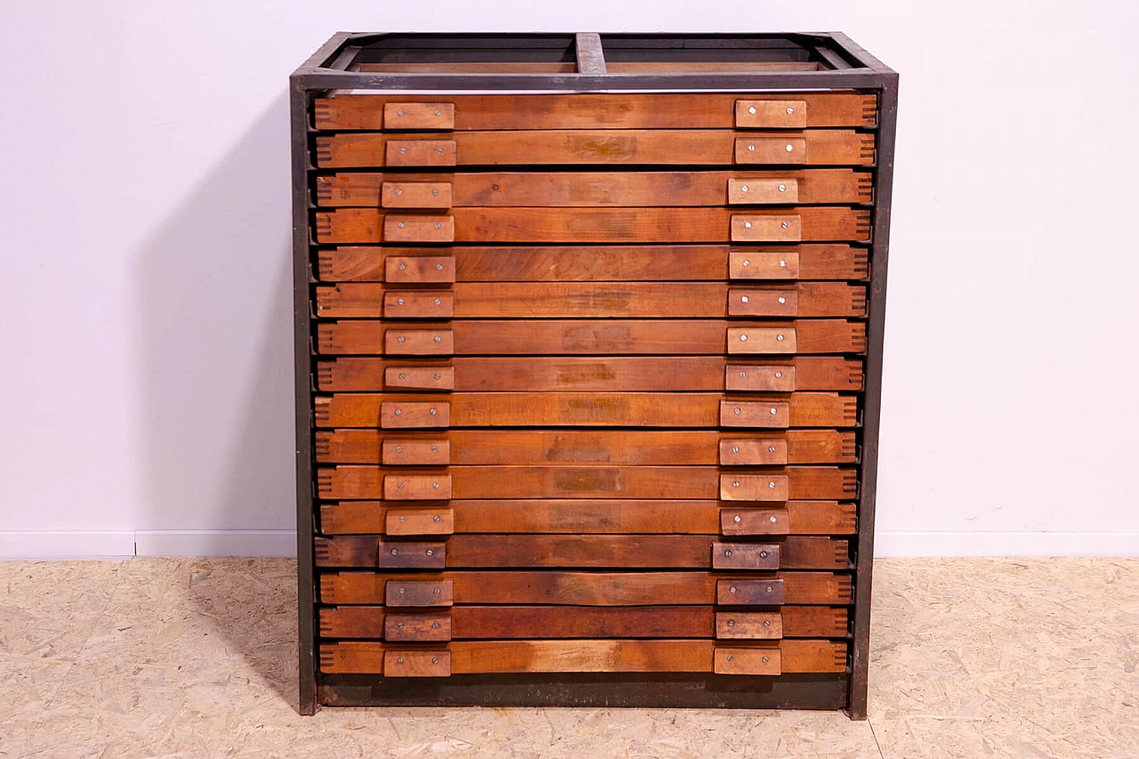 Czechoslovakian wood and iron industrial chest of drawers, 1970s 2