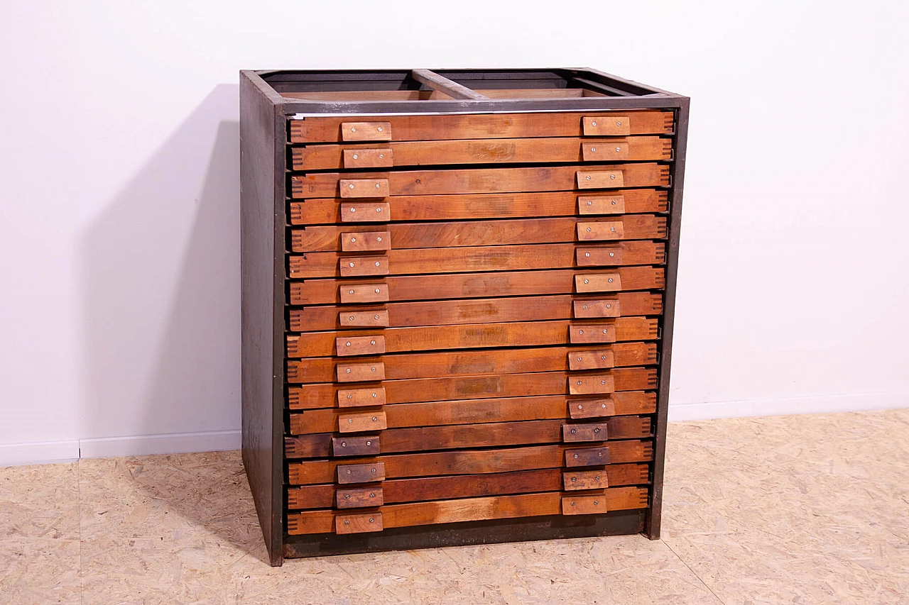 Czechoslovakian wood and iron industrial chest of drawers, 1970s 3
