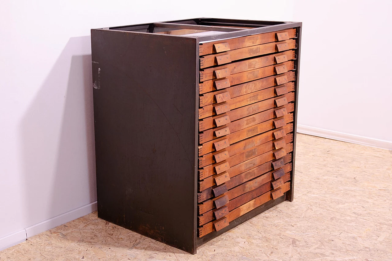 Czechoslovakian wood and iron industrial chest of drawers, 1970s 4