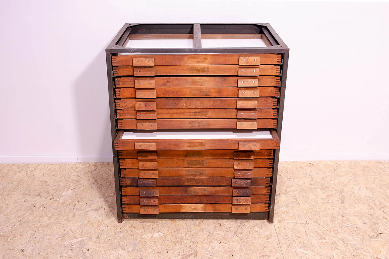 Czechoslovakian wood and iron industrial chest of drawers, 1970s 12