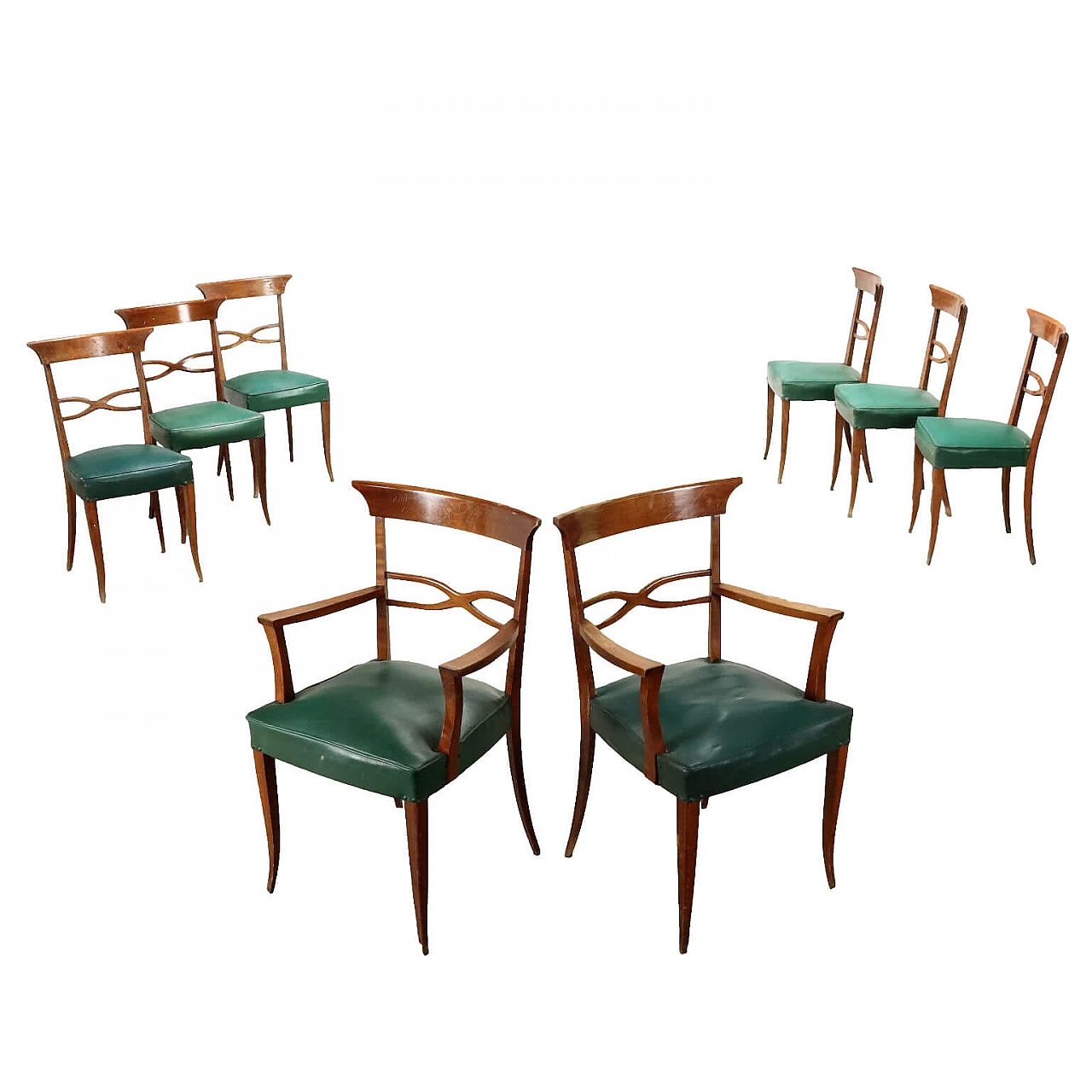 8 Stained beech chairs with leatherette seat, 1950s 1