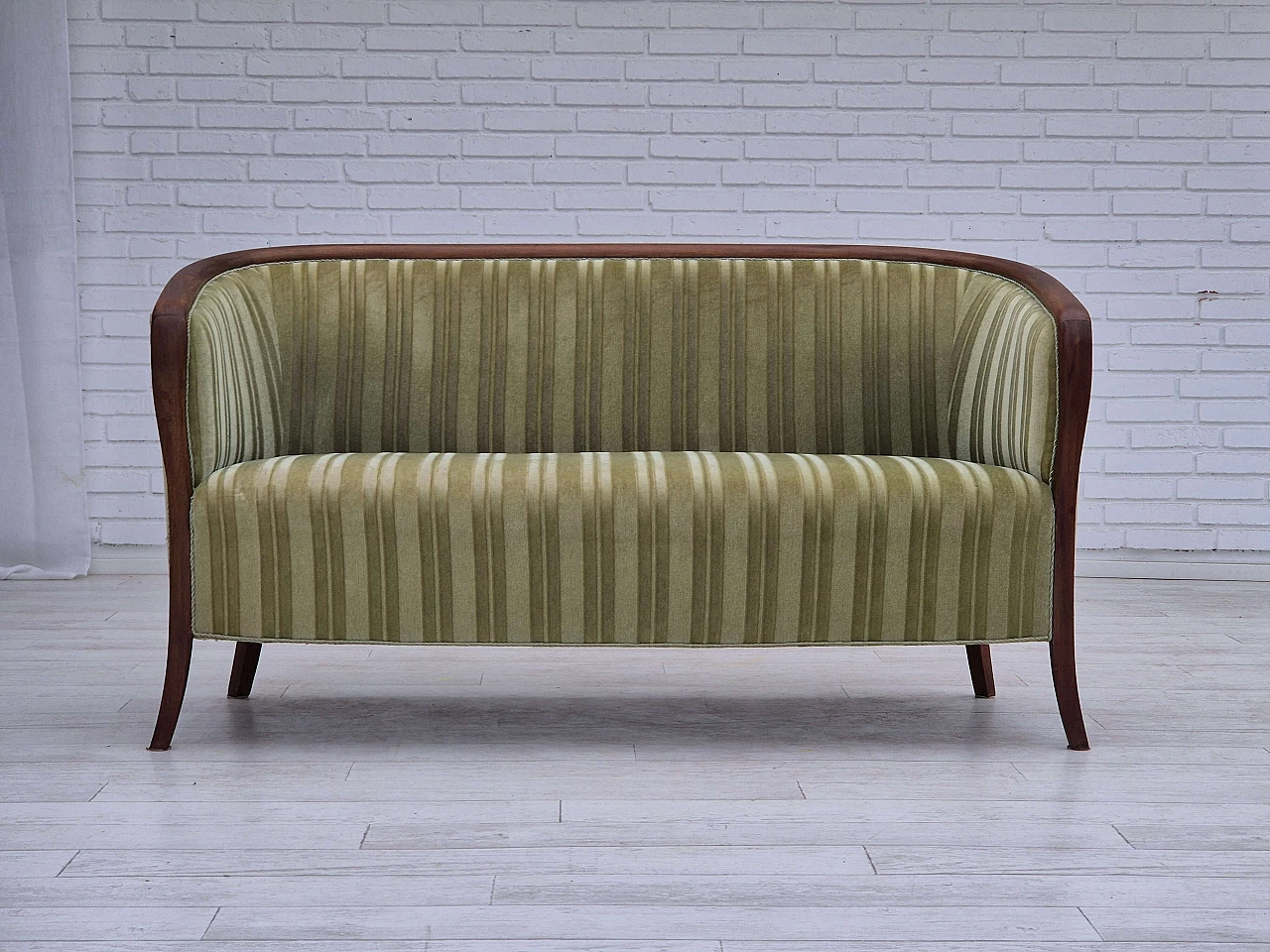 Scandinavian two-seater teak and green velvet striped sofa, 1960s 1