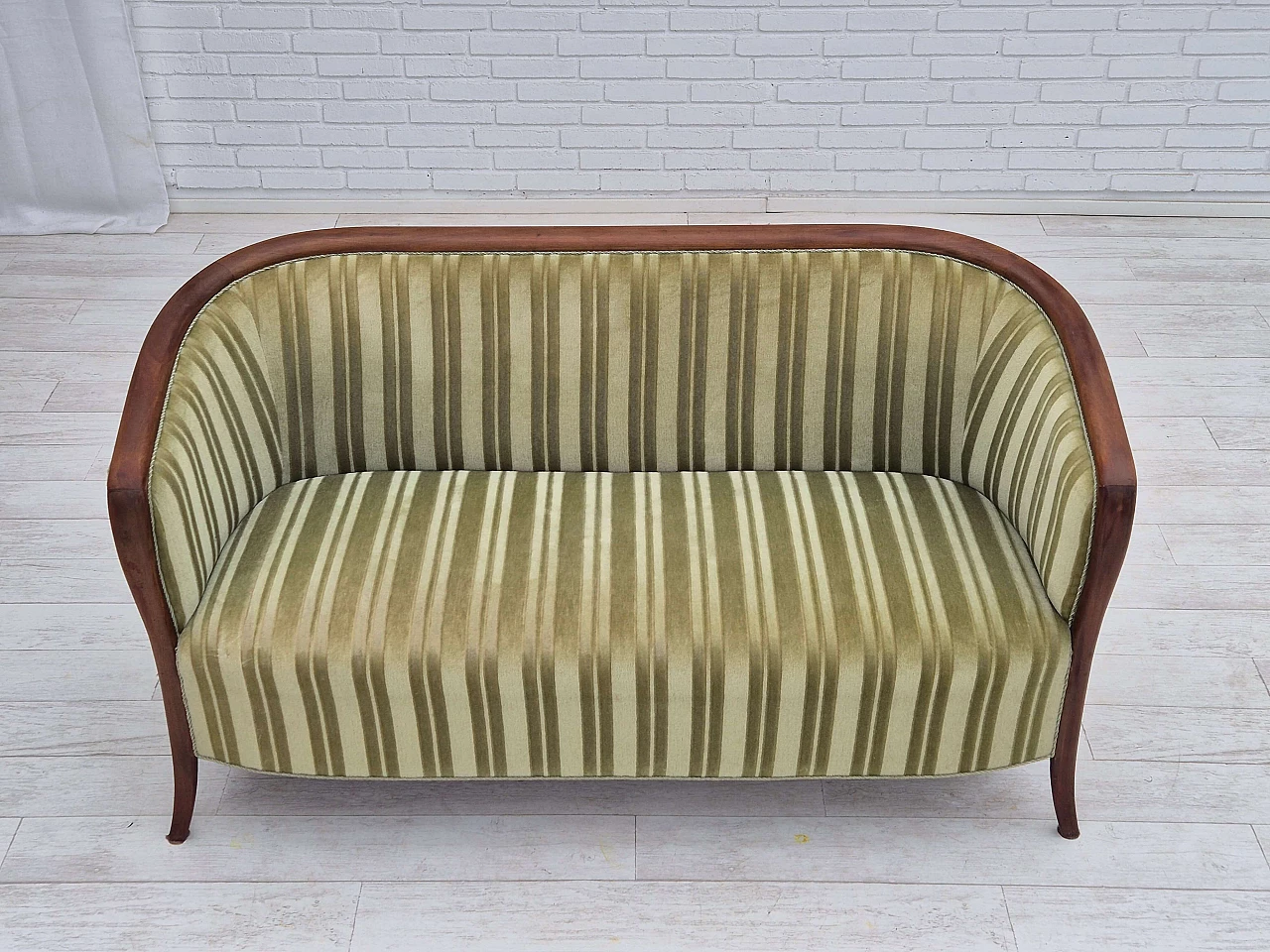 Scandinavian two-seater teak and green velvet striped sofa, 1960s 2