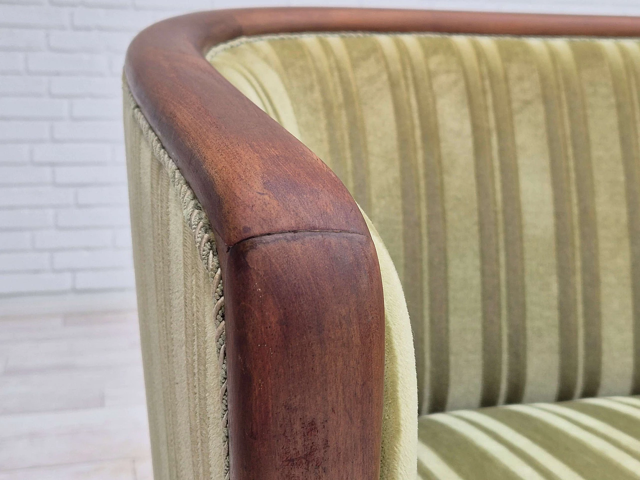 Scandinavian two-seater teak and green velvet striped sofa, 1960s 3