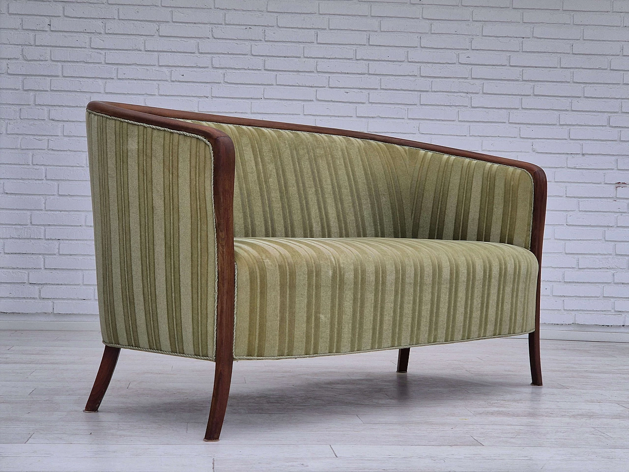 Scandinavian two-seater teak and green velvet striped sofa, 1960s 4