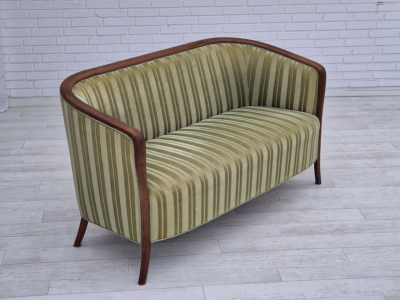 Scandinavian two-seater teak and green velvet striped sofa, 1960s 5