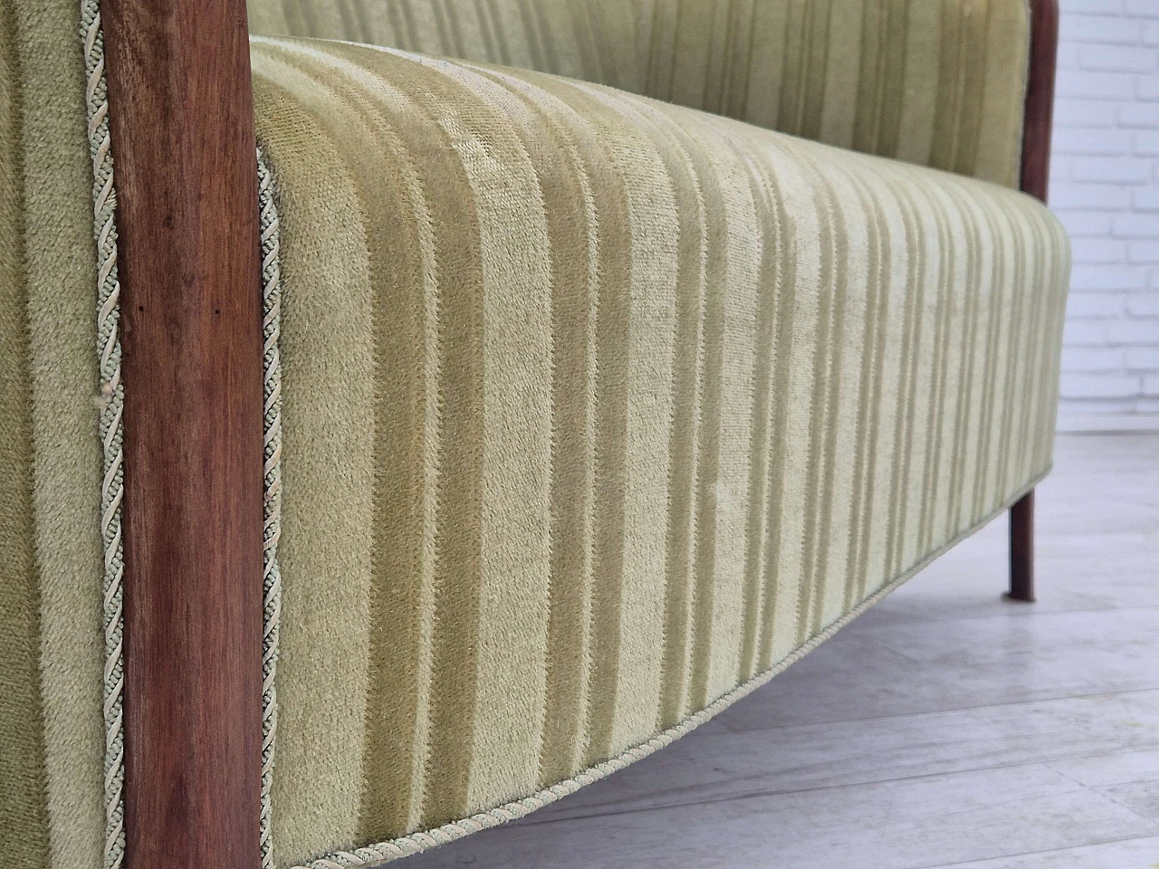 Scandinavian two-seater teak and green velvet striped sofa, 1960s 6