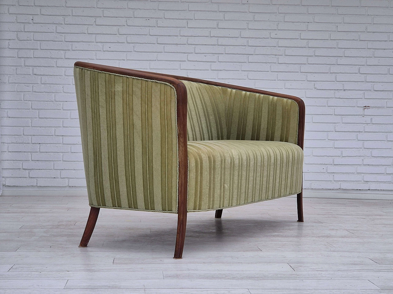Scandinavian two-seater teak and green velvet striped sofa, 1960s 7