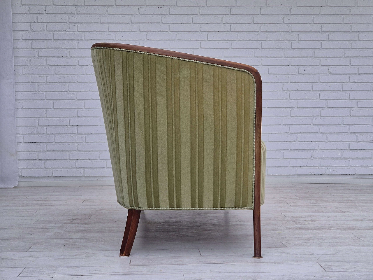 Scandinavian two-seater teak and green velvet striped sofa, 1960s 8