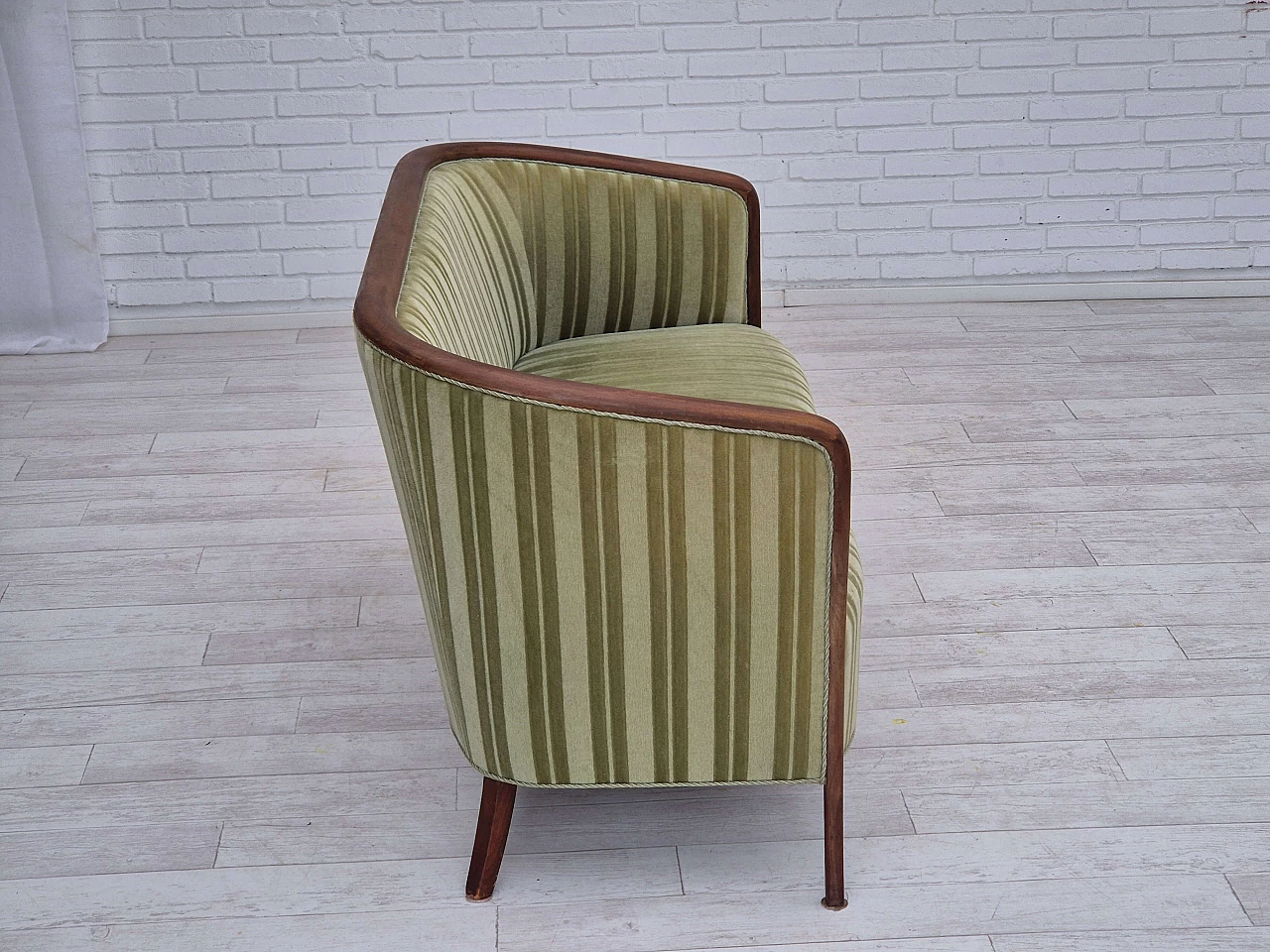 Scandinavian two-seater teak and green velvet striped sofa, 1960s 9