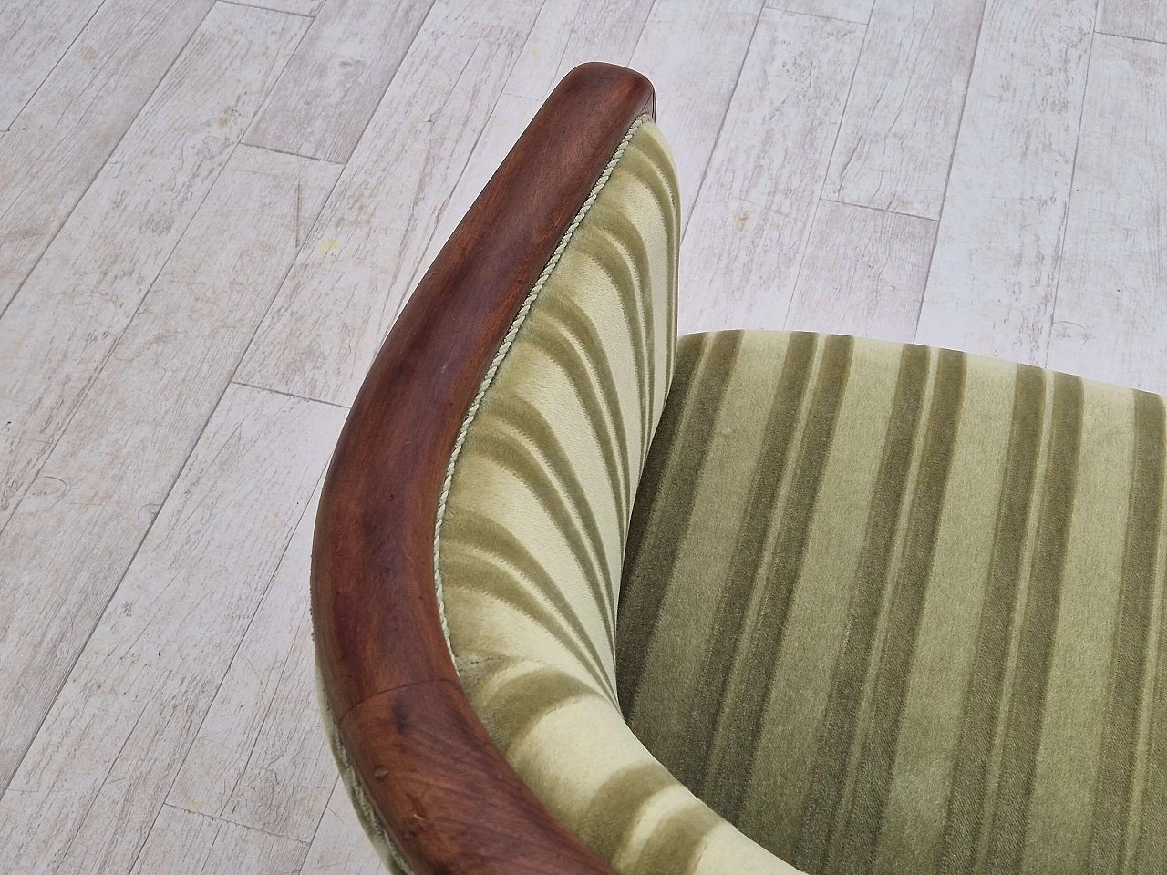 Scandinavian two-seater teak and green velvet striped sofa, 1960s 10