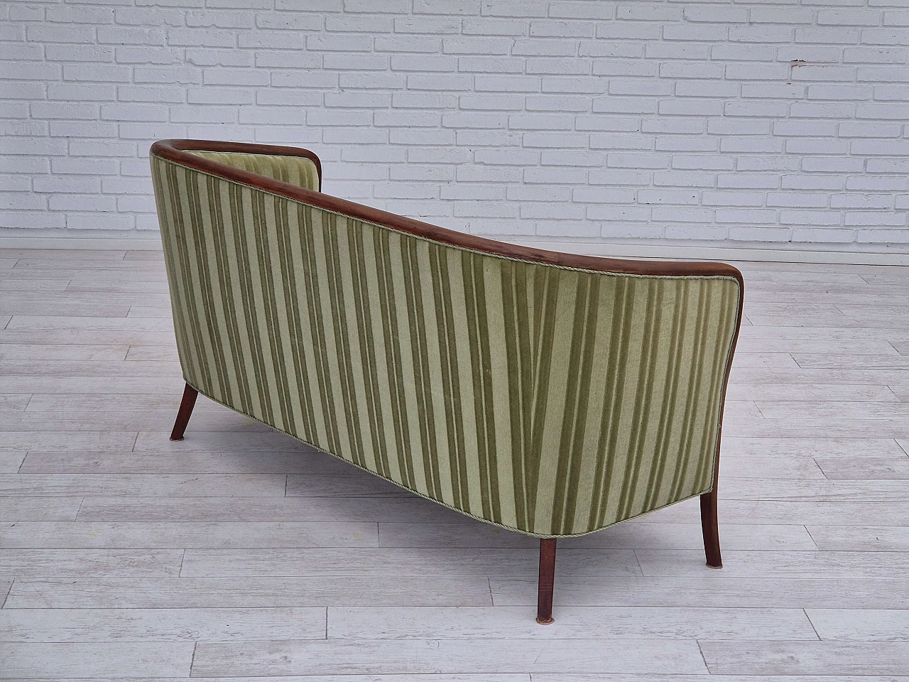 Scandinavian two-seater teak and green velvet striped sofa, 1960s 11