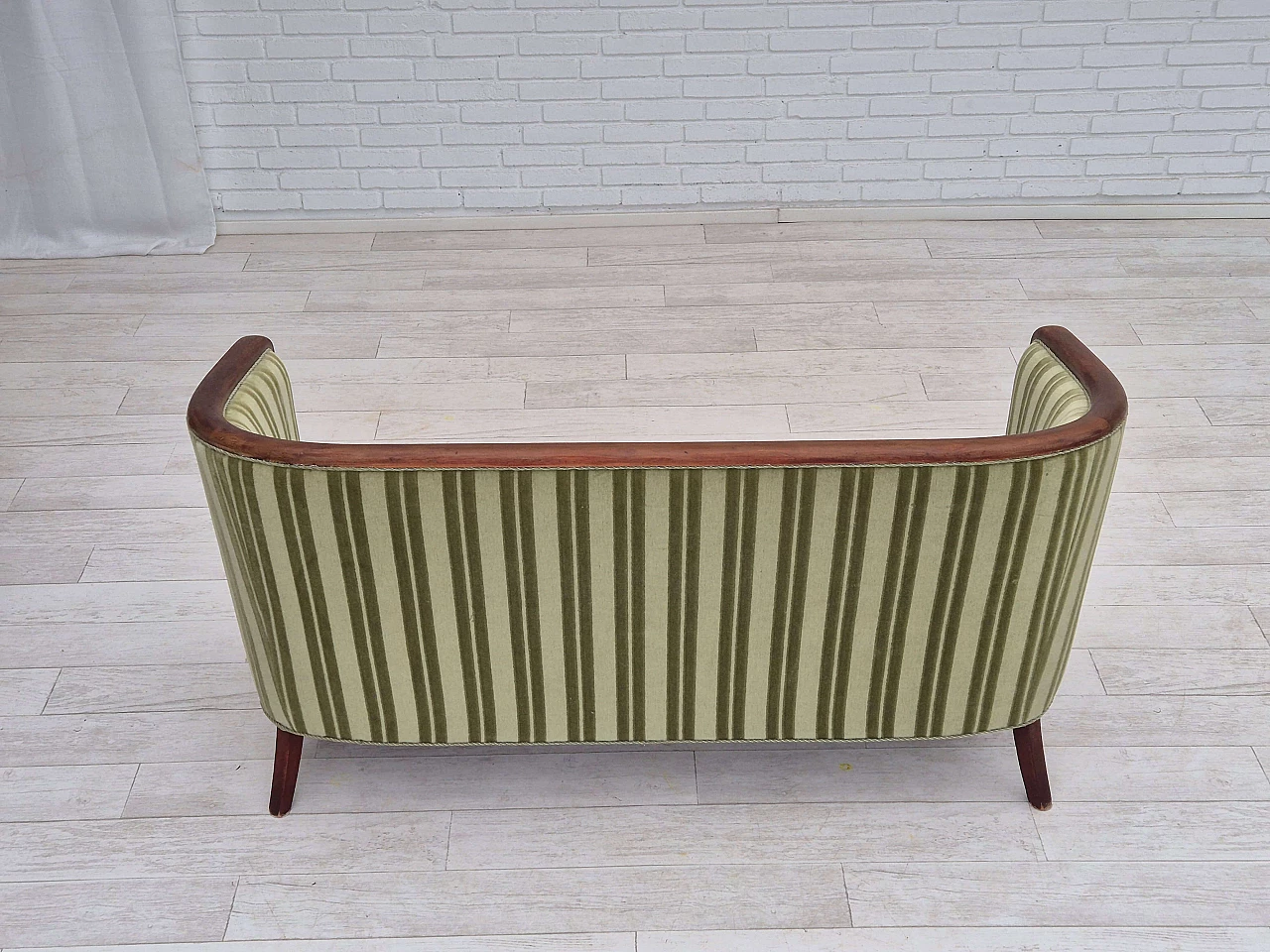 Scandinavian two-seater teak and green velvet striped sofa, 1960s 12