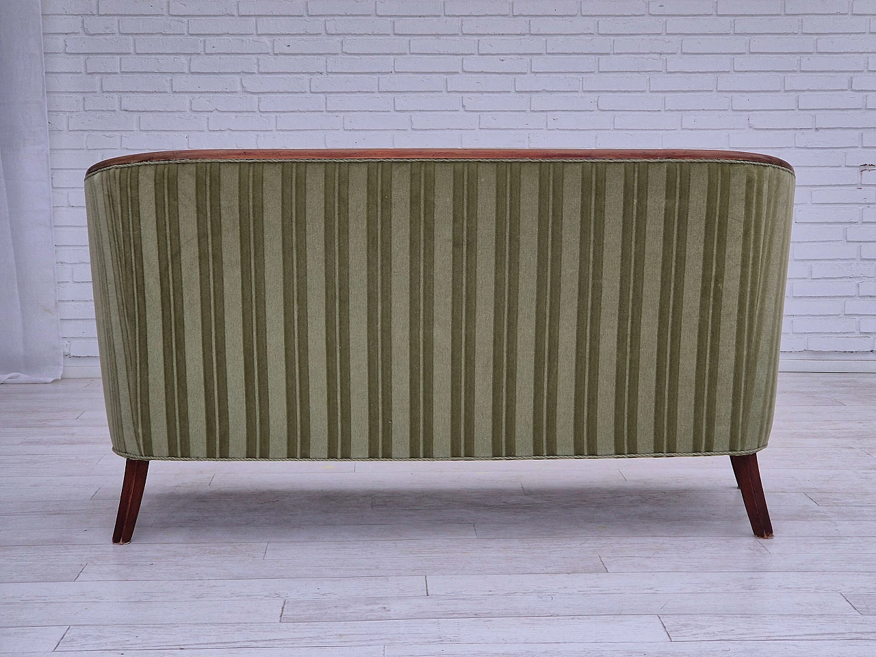 Scandinavian two-seater teak and green velvet striped sofa, 1960s 13