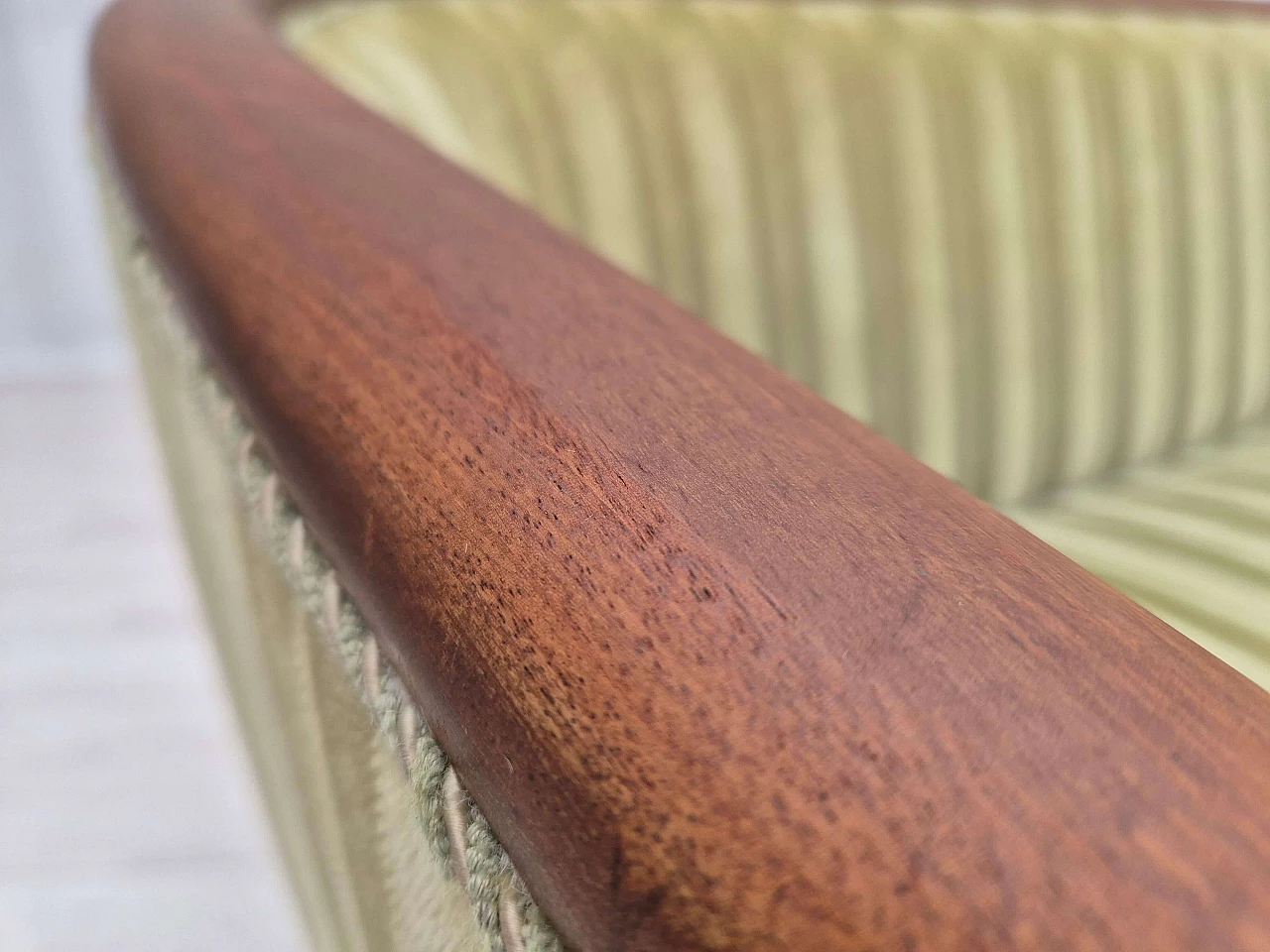 Scandinavian two-seater teak and green velvet striped sofa, 1960s 15