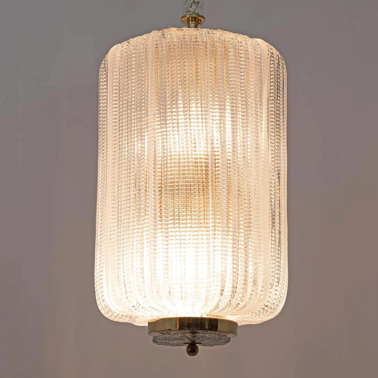 Lampadario a lanterna in ottone e vetro di Murano in stile Art Dèco attribuito a Tomaso Buzzi, anni '80 5