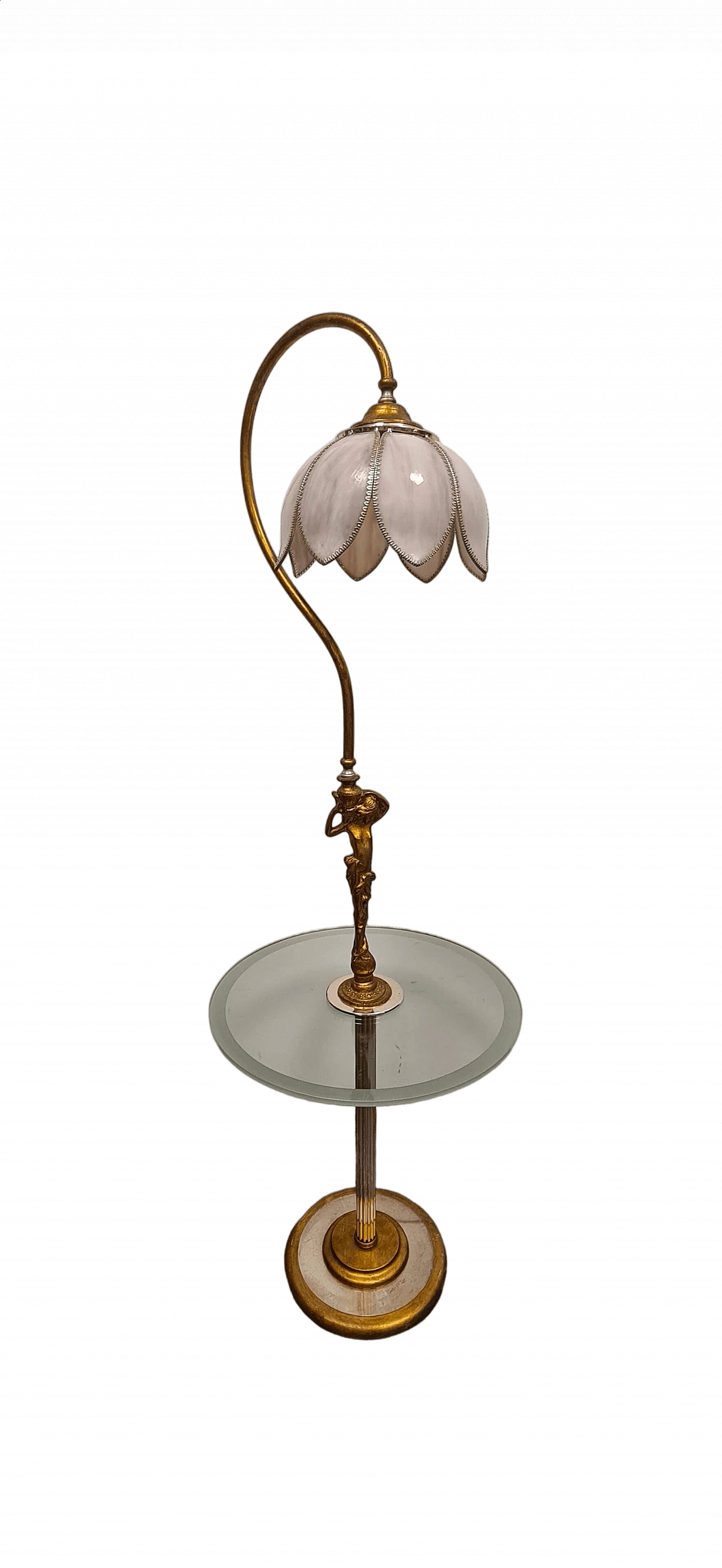 Lampada da terra in vetro e metallo con tavolino e paralume a tulipano, anni '80 7