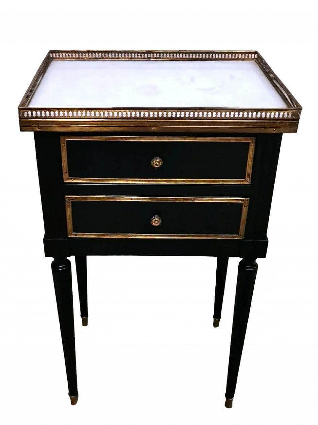 Comodino in legno nero a due cassetti con piano in marmo in stile Napoleone III, fine '800 1