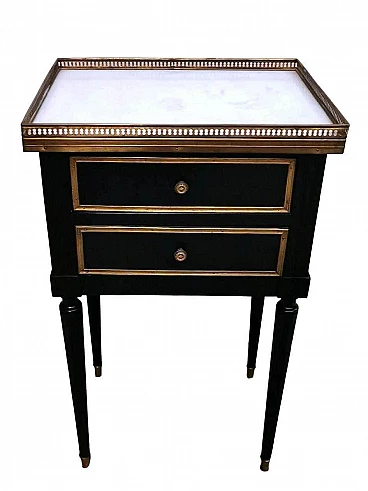 Black wooden bedside table with two drawers and marble top in Napoleon III style, late 19th century