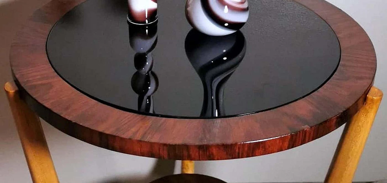 Tavolino rotondo in legno con piano in vetro scuro in stile Art Déco di Paolo Buffa, anni '50 13