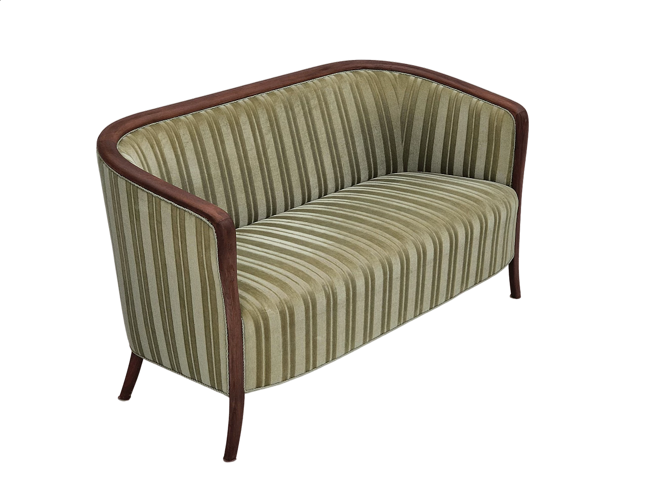 Scandinavian two-seater teak and green velvet striped sofa, 1960s 16