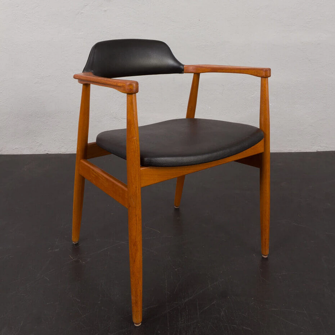 Solid teak chair with black vinyl fabric in the style of Erik Kirkegaard, 1950s 1
