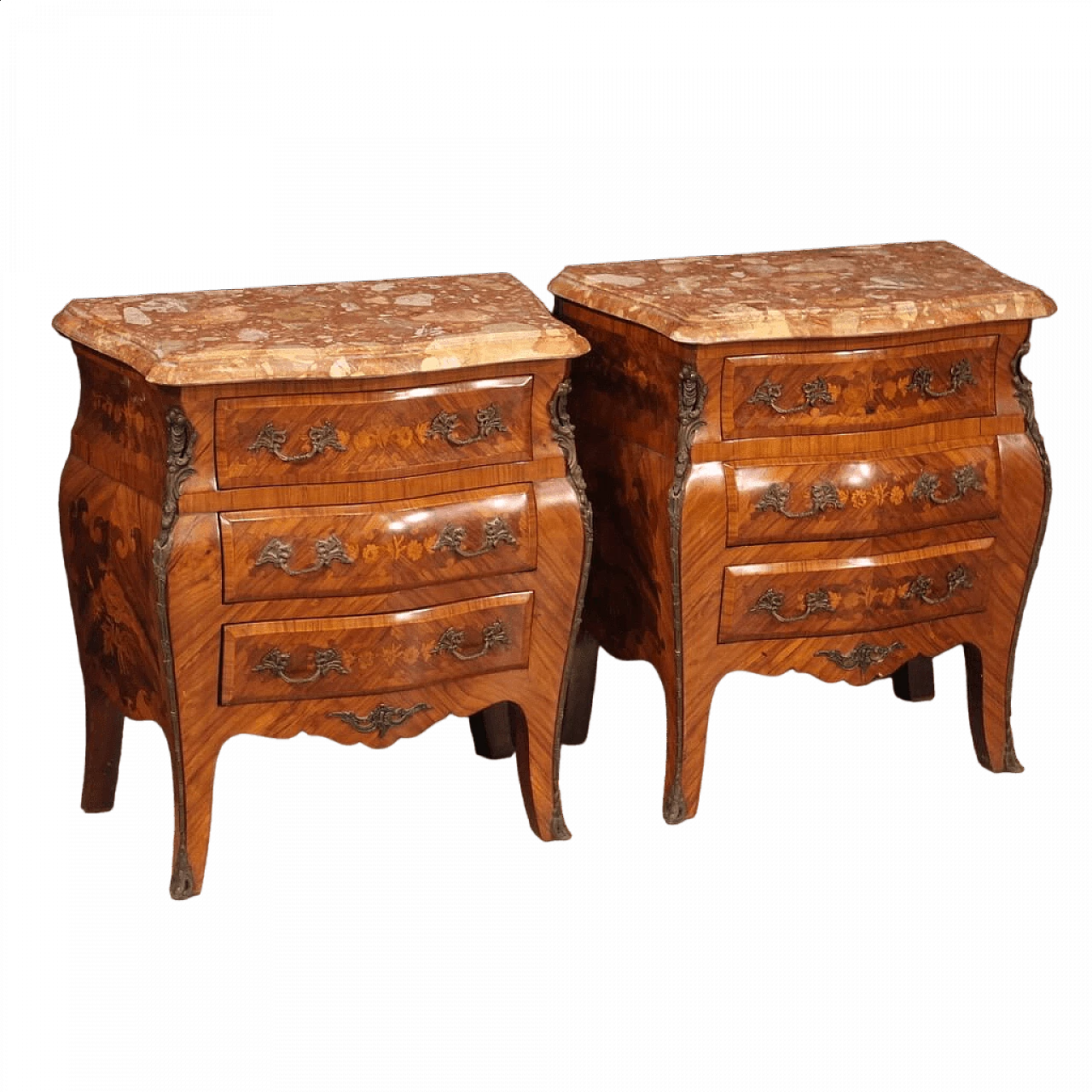 Pair of Louis XV style inlaid wood and marble bedside tables, 1960s 13