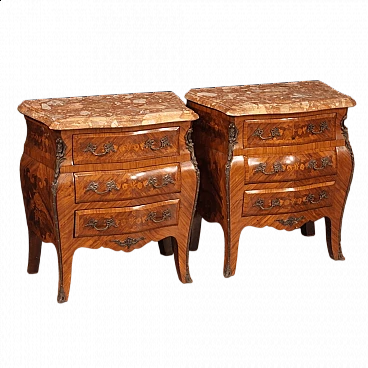 Pair of Louis XV style inlaid wood and marble bedside tables, 1960s