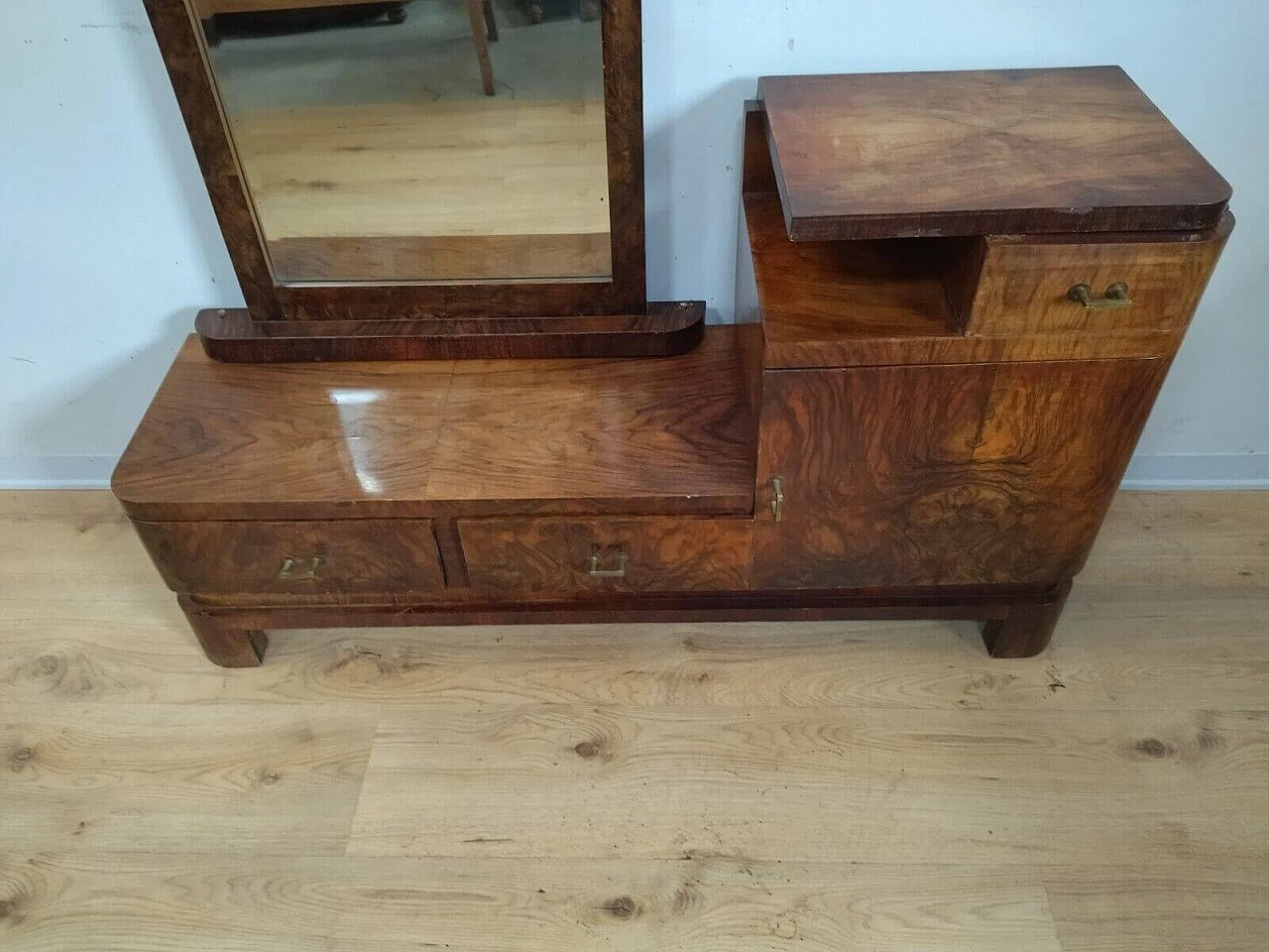 Toilette Art Decò in radica di noce con specchio, anni '40 3