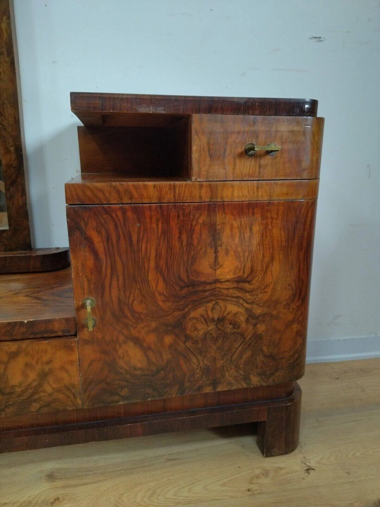 Toilette Art Decò in radica di noce con specchio, anni '40 5