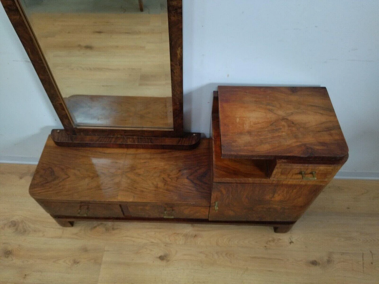 Toilette Art Decò in radica di noce con specchio, anni '40 7