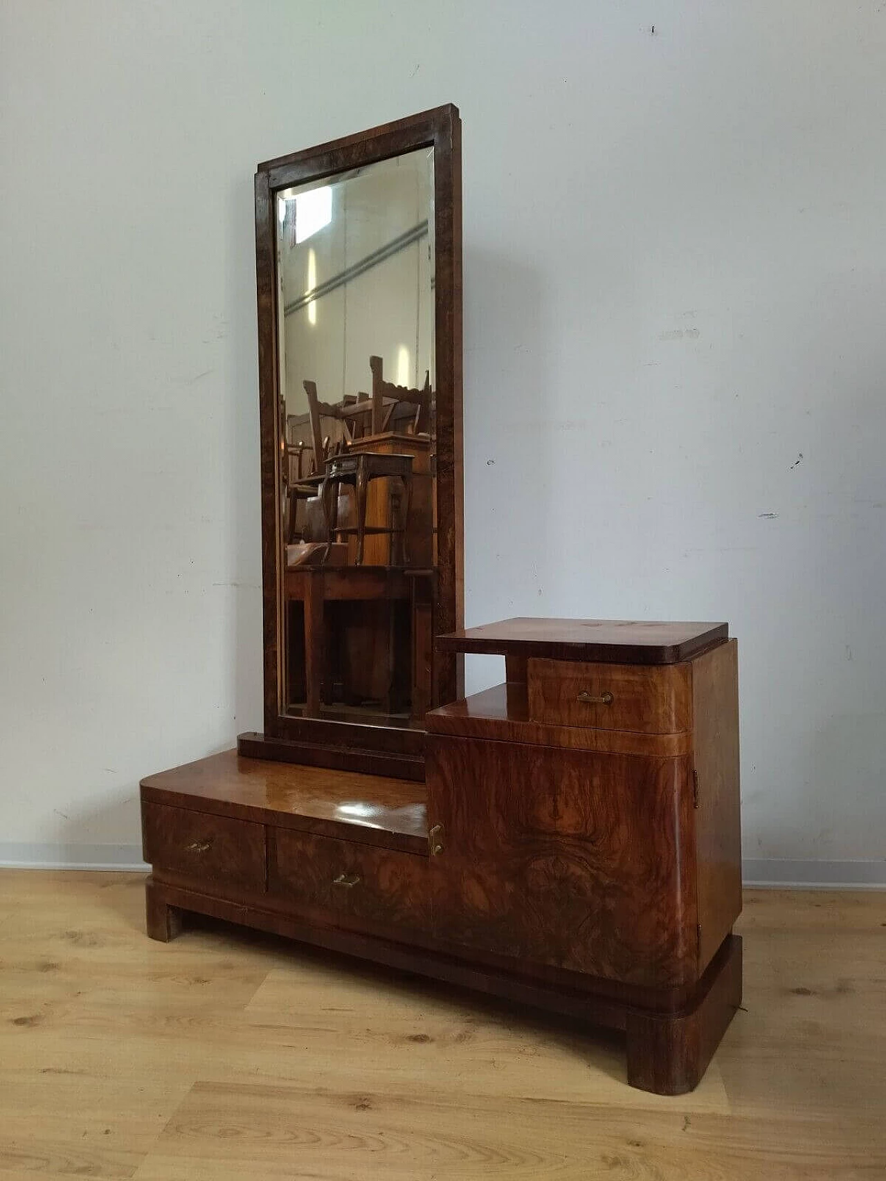 Toilette Art Decò in radica di noce con specchio, anni '40 11