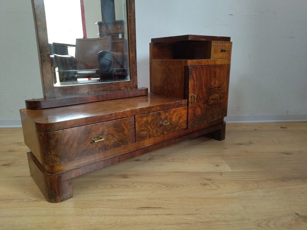 Toilette Art Decò in radica di noce con specchio, anni '40 17