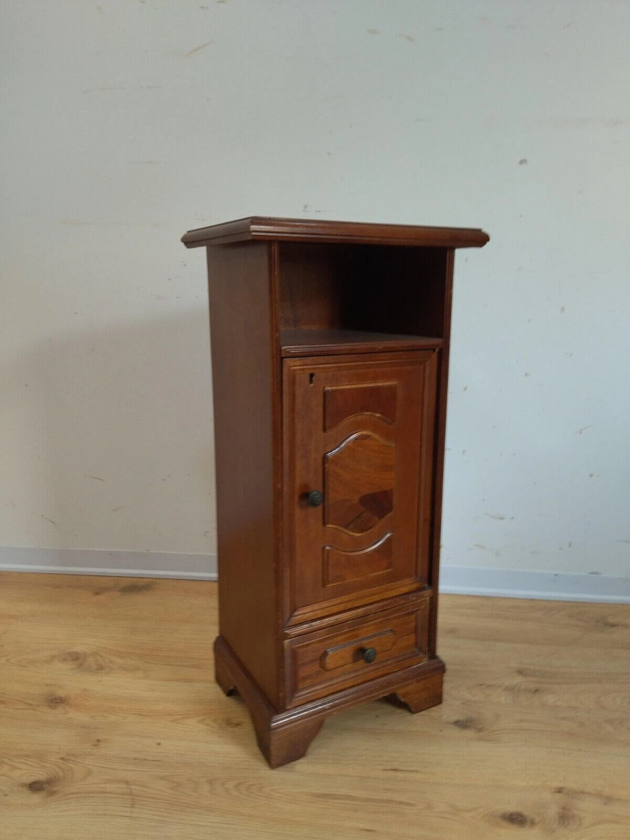 Wooden bedside table with door and drawer, 1960s 3