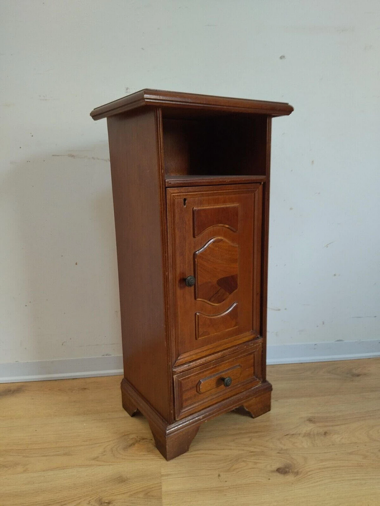 Wooden bedside table with door and drawer, 1960s 9