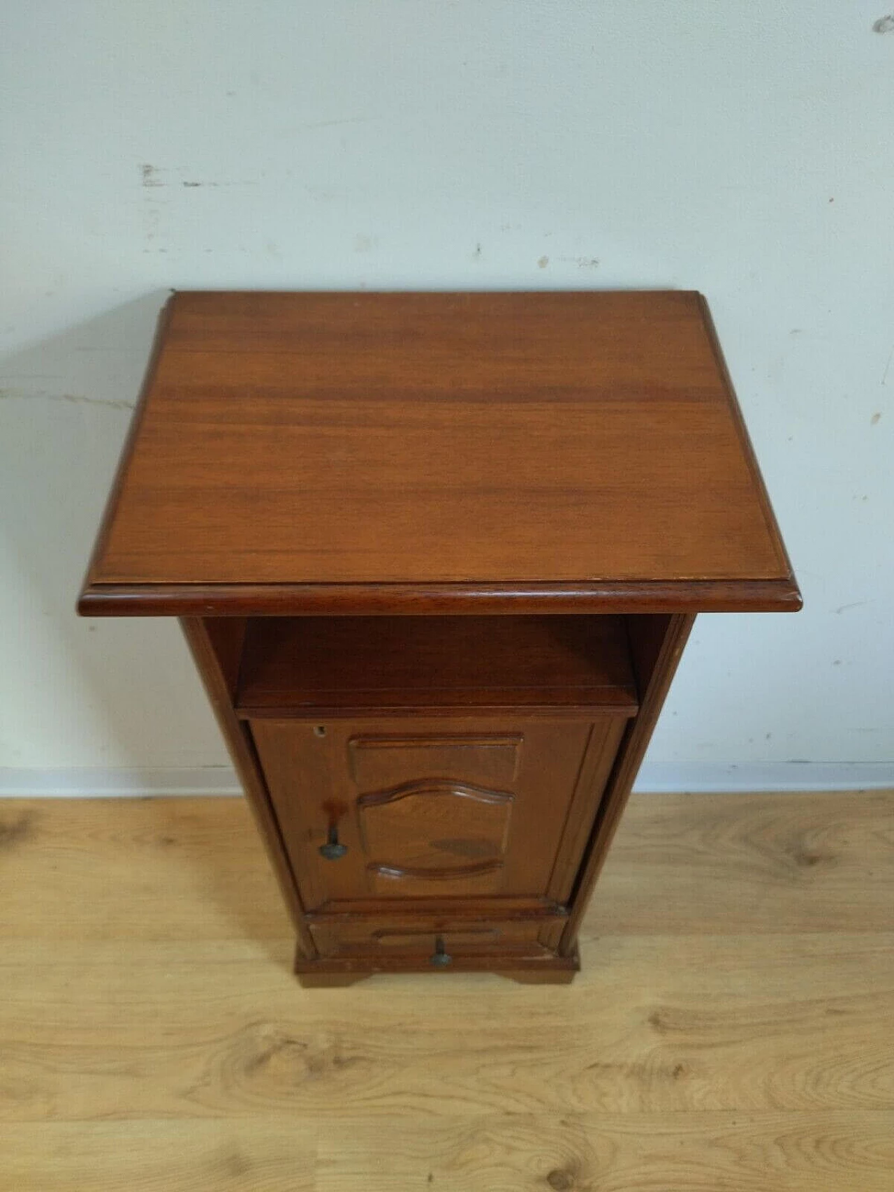 Wooden bedside table with door and drawer, 1960s 10