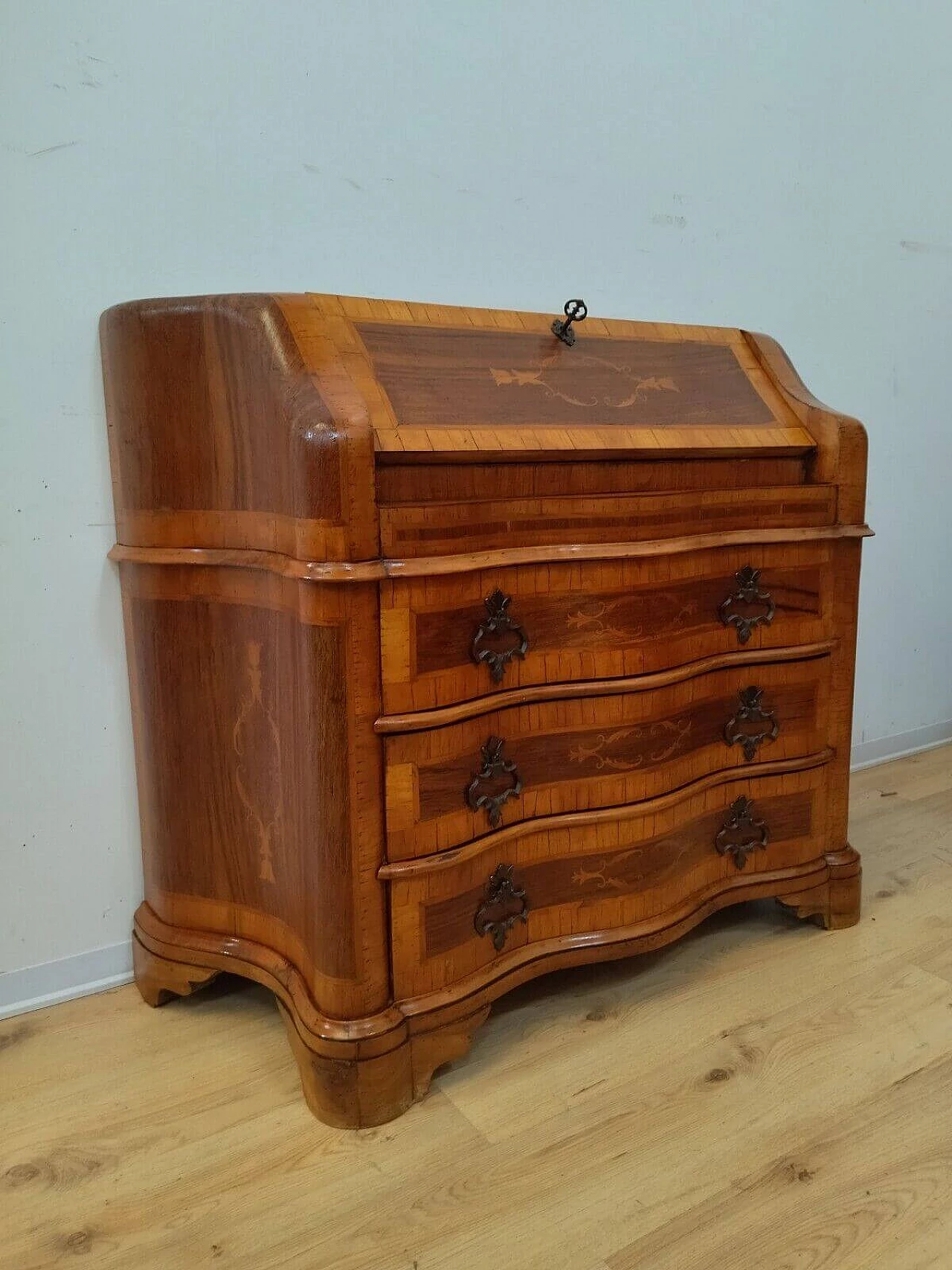 Walnut veneer and inlaid flap desk in Louis XV style, 1950s 1