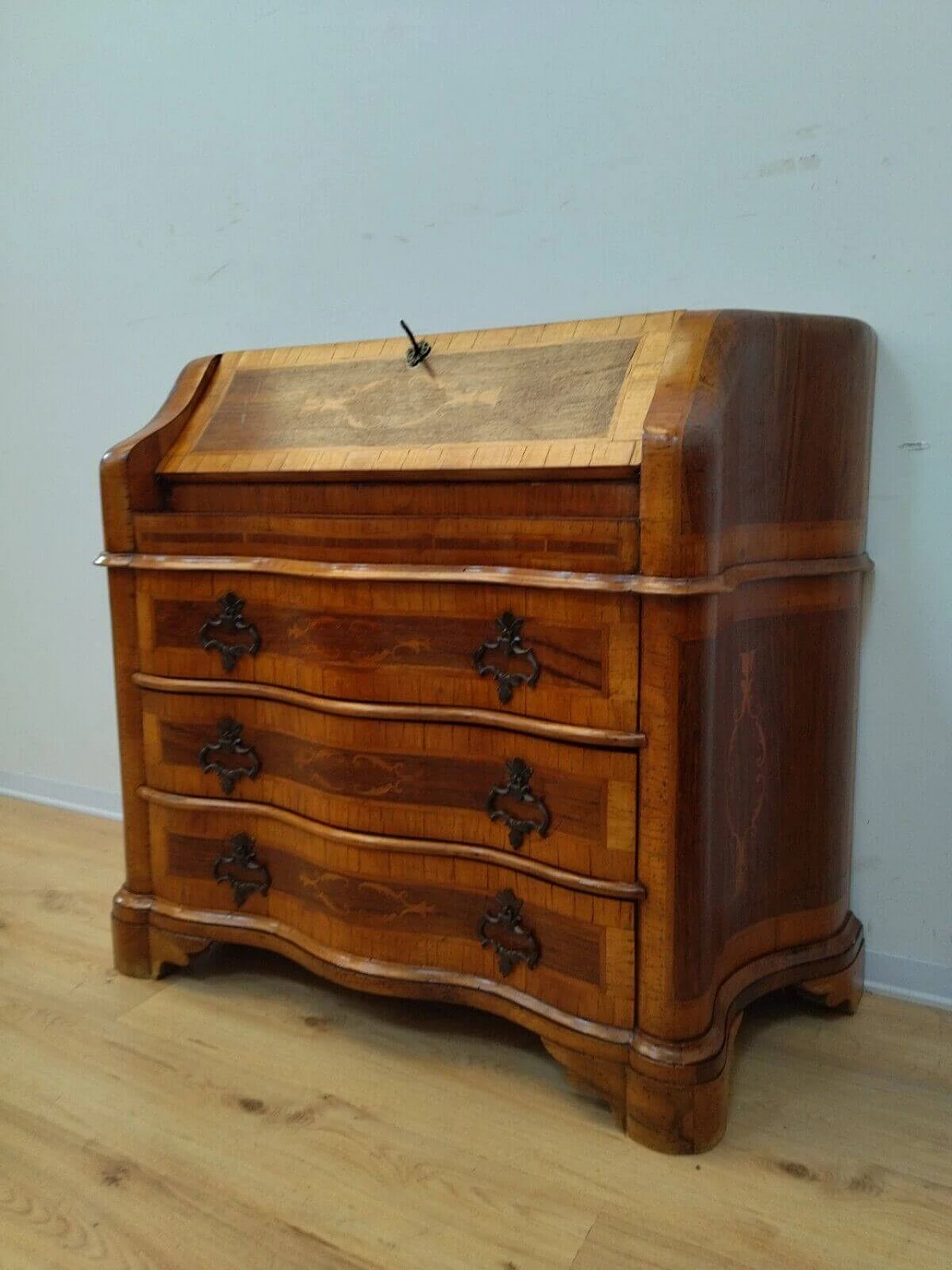 Walnut veneer and inlaid flap desk in Louis XV style, 1950s 2
