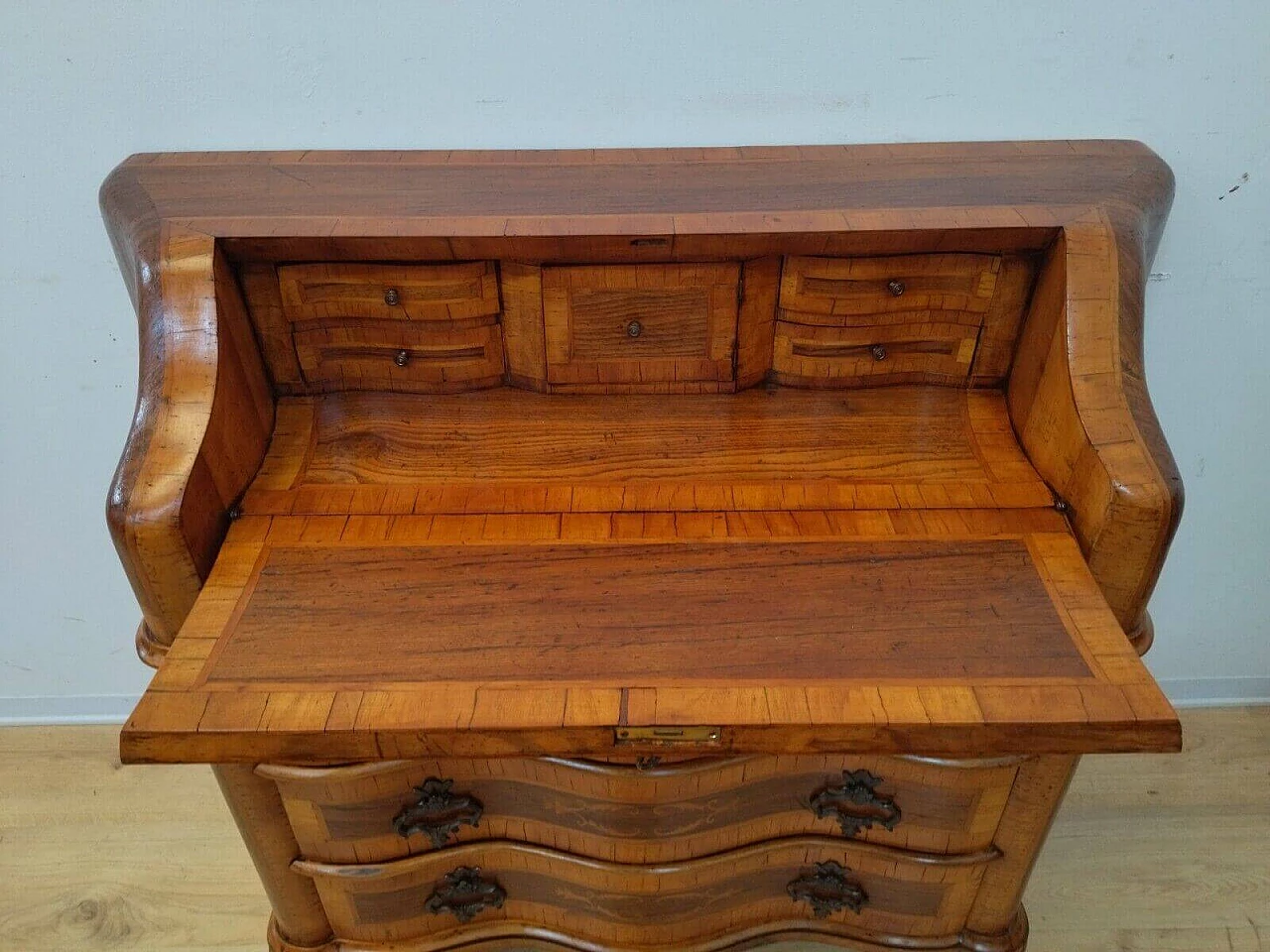 Walnut veneer and inlaid flap desk in Louis XV style, 1950s 5