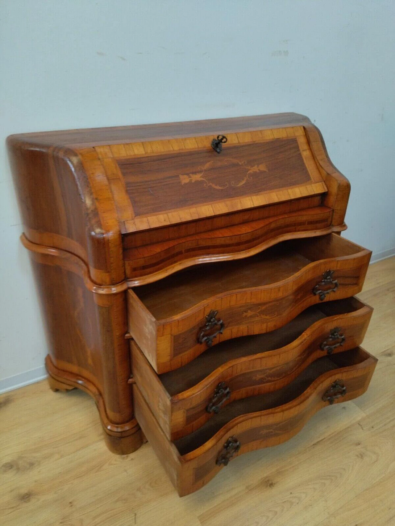 Walnut veneer and inlaid flap desk in Louis XV style, 1950s 11