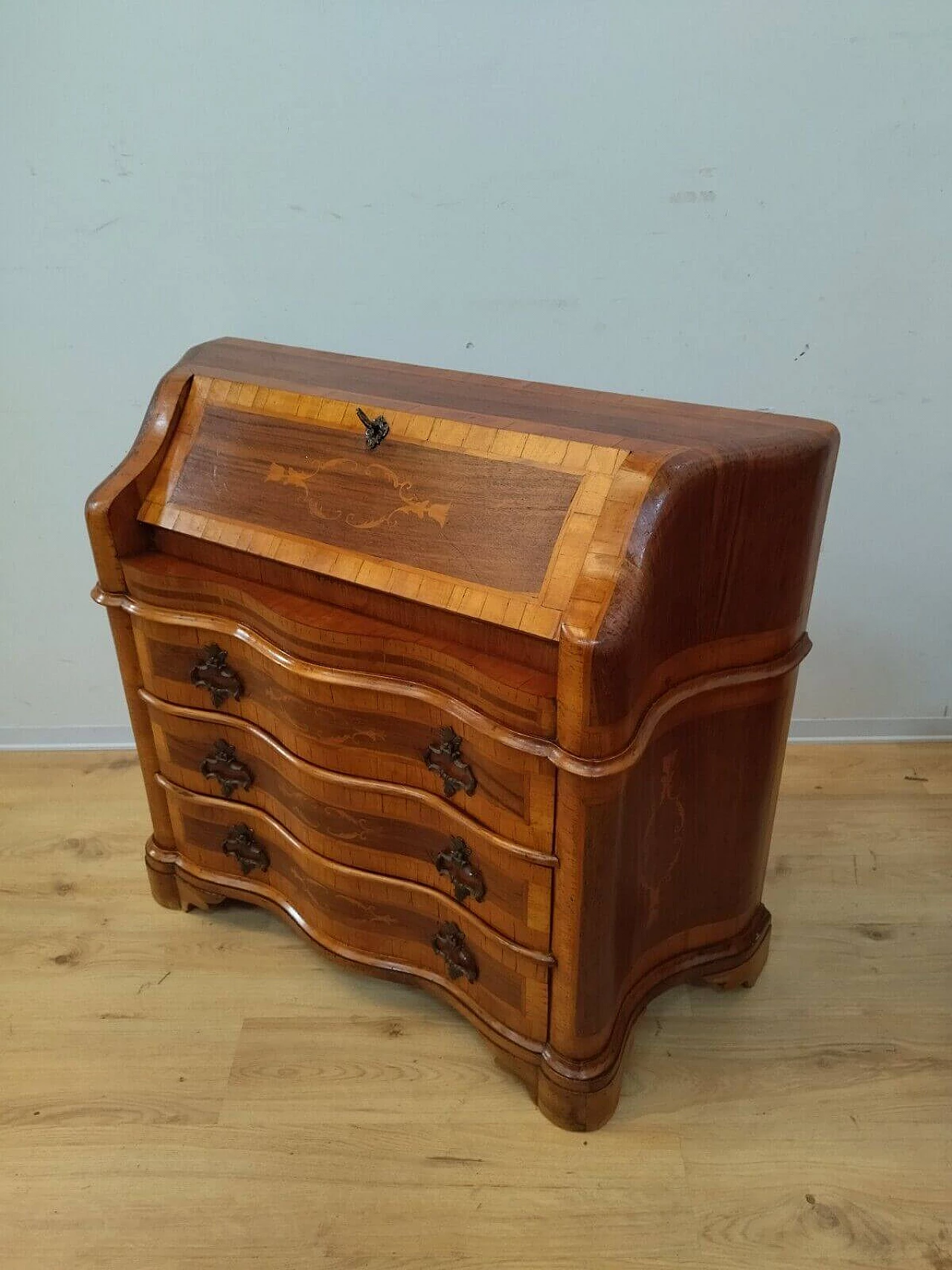 Walnut veneer and inlaid flap desk in Louis XV style, 1950s 15